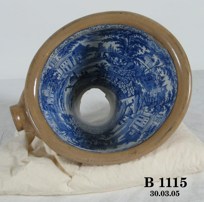 Blue transfer ware patterned toilet bowl 